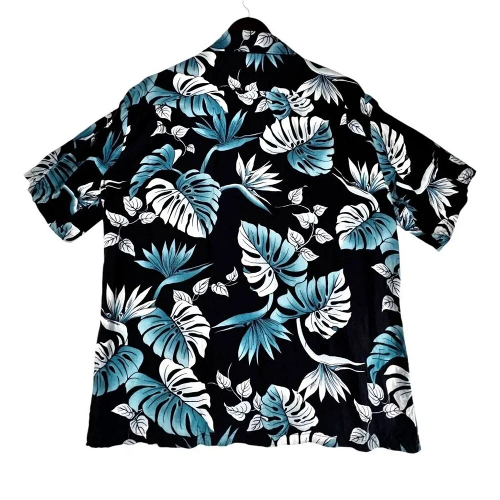 Vintage Hilo Hattie Hawaiian Black Teal Blue Floral Button-Up Shirt Mens Large - Picture 2 of 11